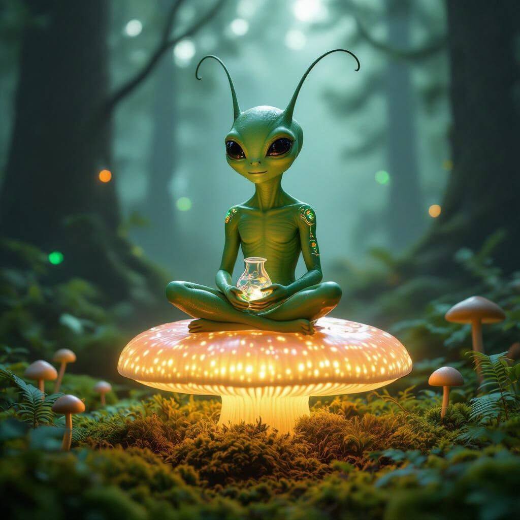 Green Alien Meditates on Luminescent Mushroom
