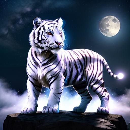 Fantasy White Tiger Under Starry Moonlit Sky