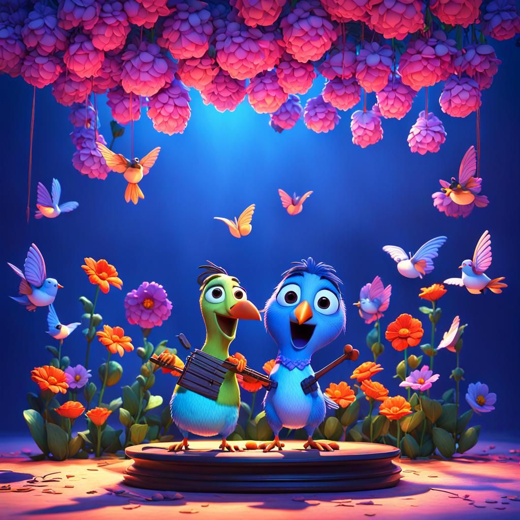 Birds Play Violins on Vines: 3D Digital Art