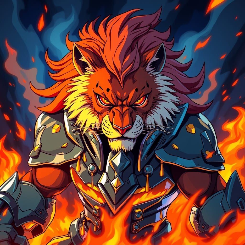 Cyberpunk Lioness in Fiery Chrome Armor