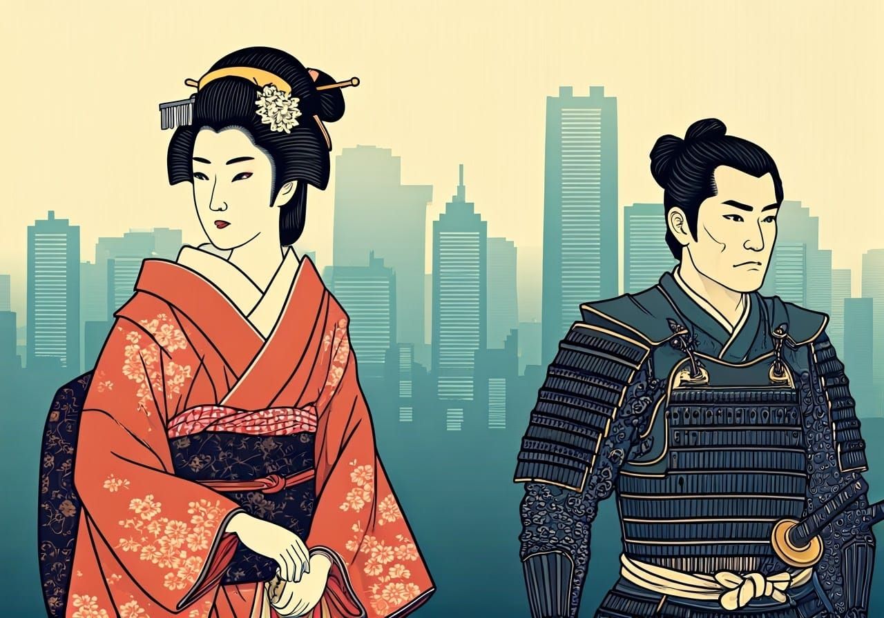 Geisha and Samurai in Ukiyo-e Style