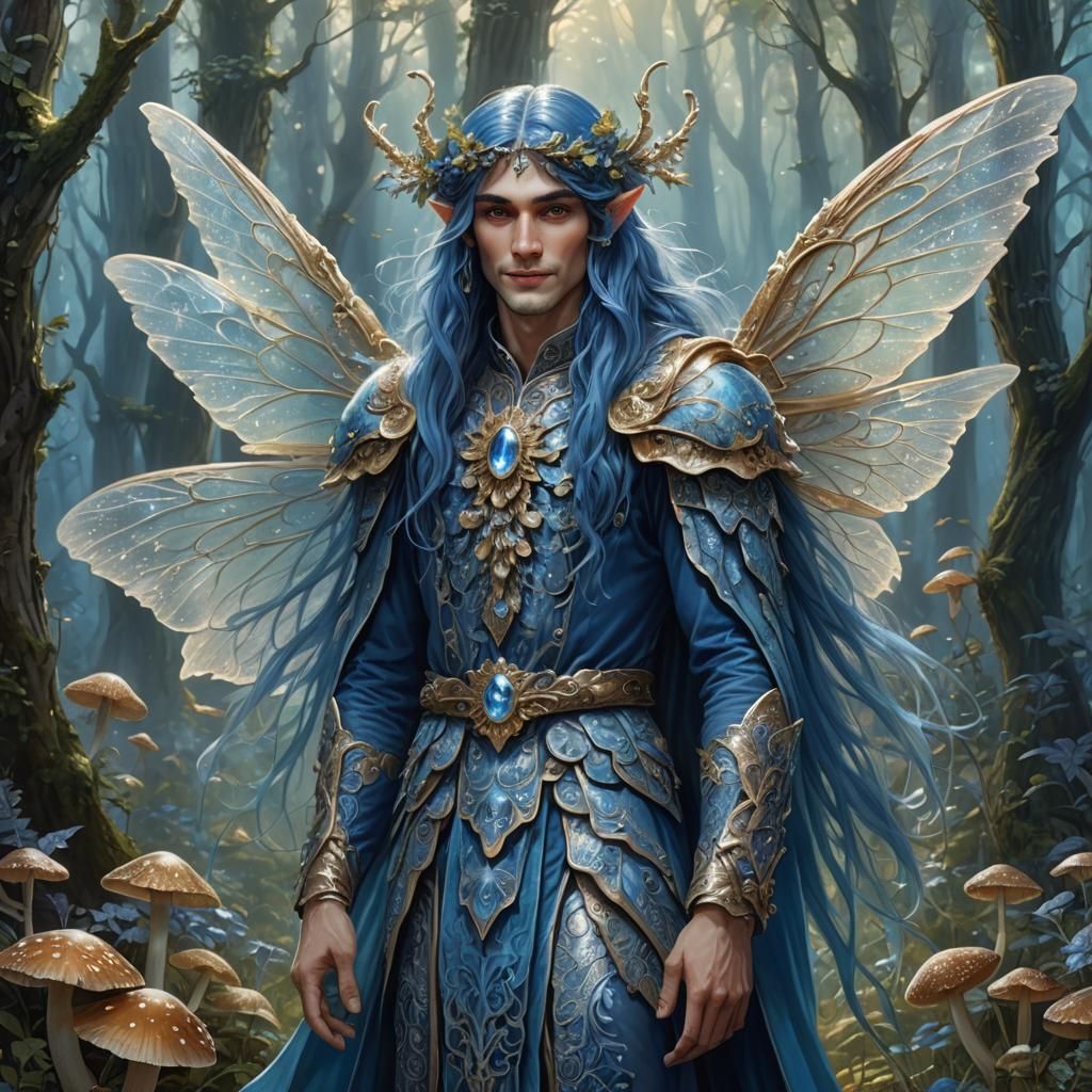 Blue Fairy Man in Mushroom Forest