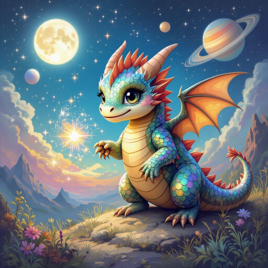 Baby Dragon Chasing Stardust in Cosmic Landscape