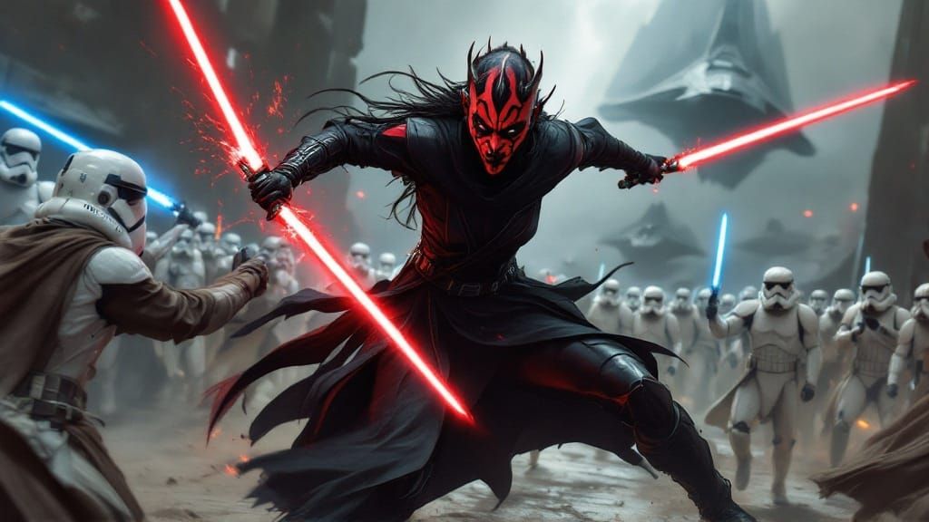 Female Darth Maul Fights Jedi with Red Lightsabers in Dark C...