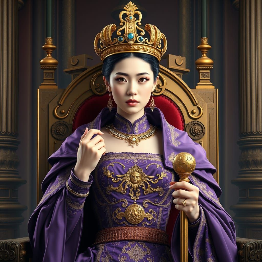 Baroque Queen Portrait in Regal Purple and Gold