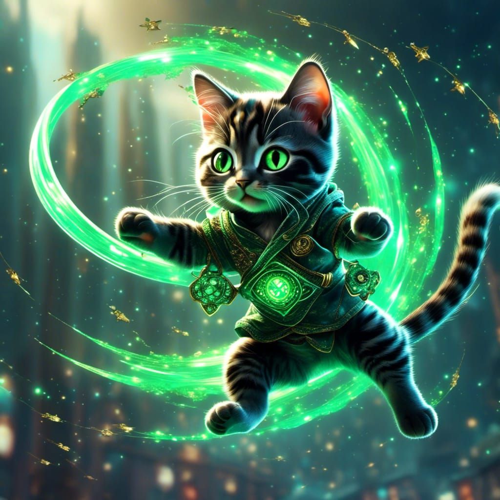Ninja Cat Soaring with Shurikens in Green Light