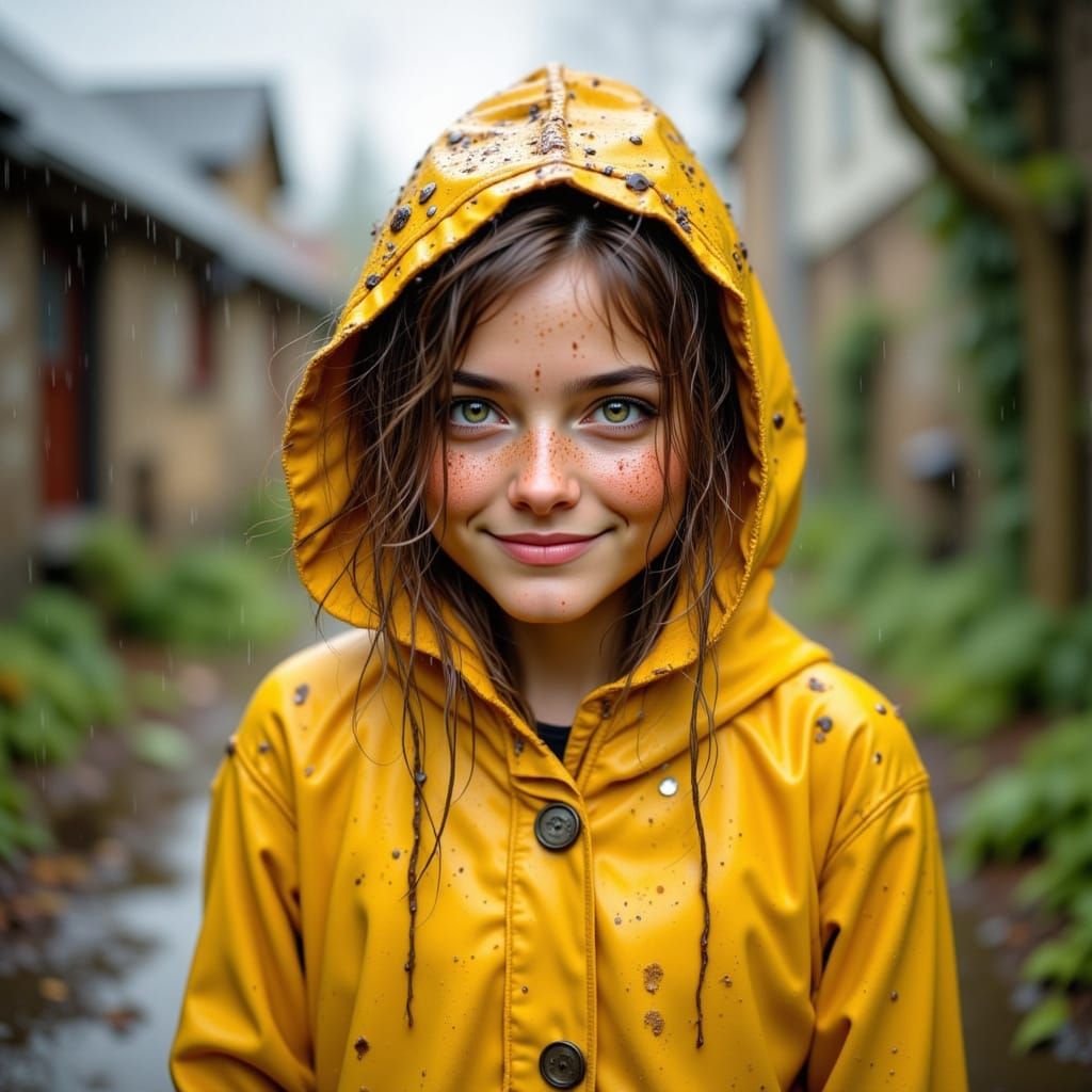 Smiling Girl in Rain with Muddy Face