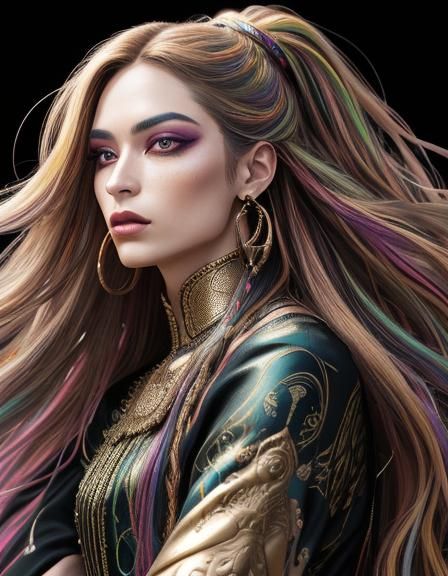 Bronze Haired Woman in Rainbow Metallic Clothes