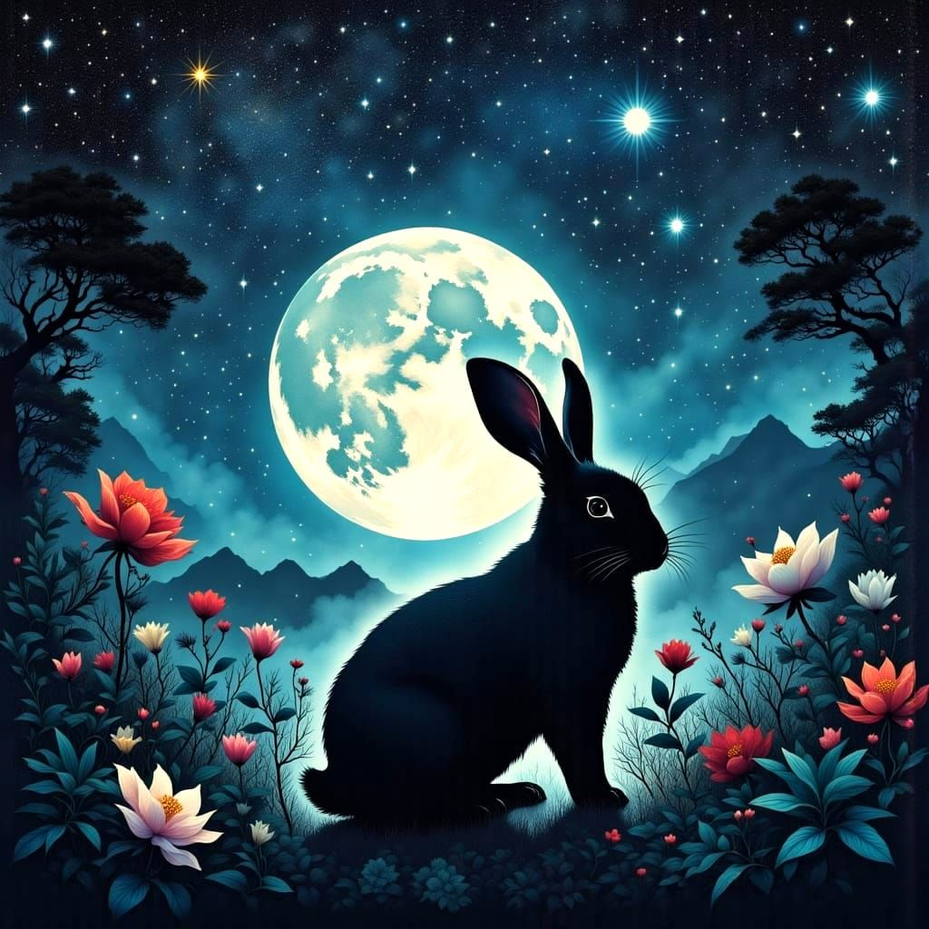 Enchanted Full Moon Garden Silhouette in a Celestial Aesthet...