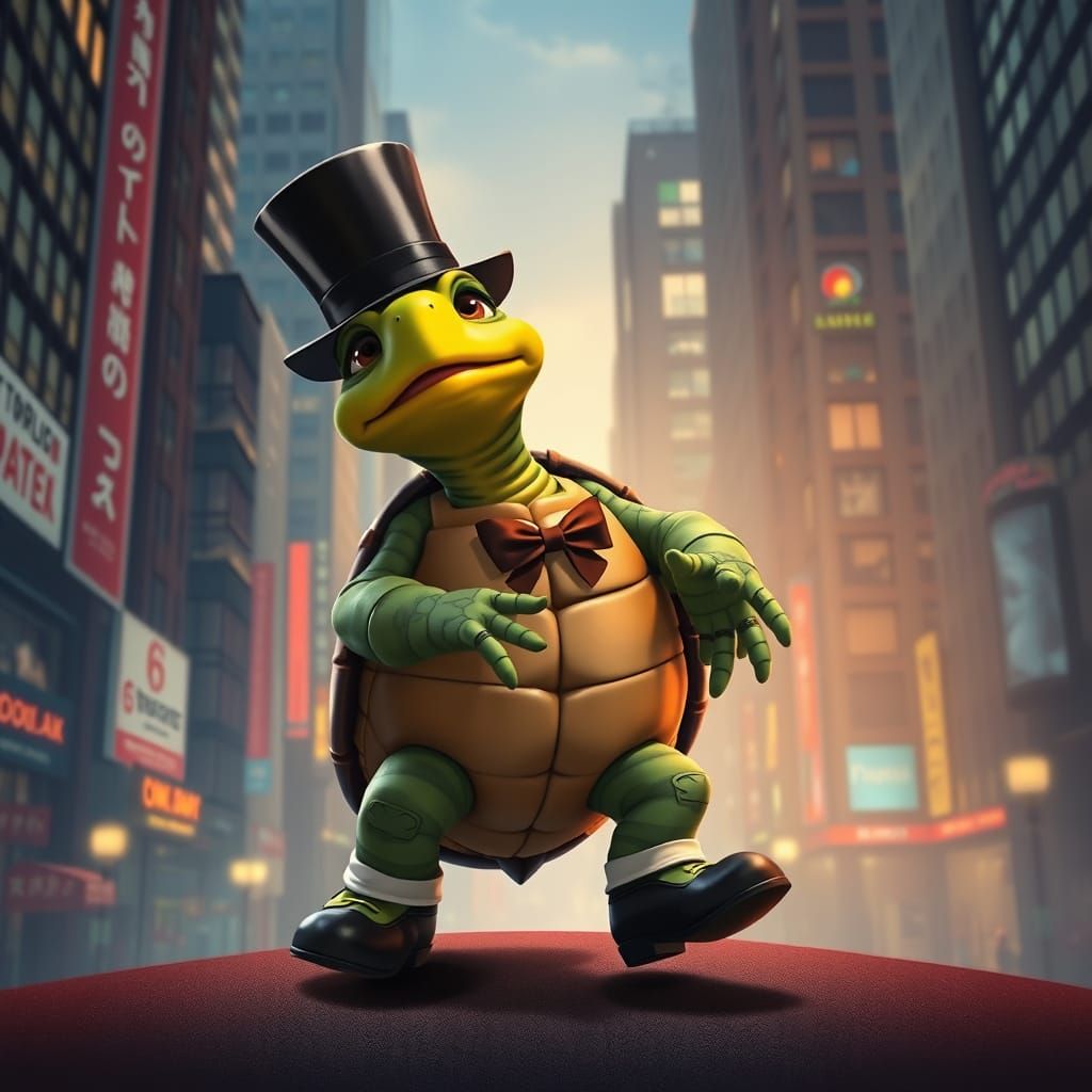 Turtle Tap Dancing in Anime-Inspired Cityscape