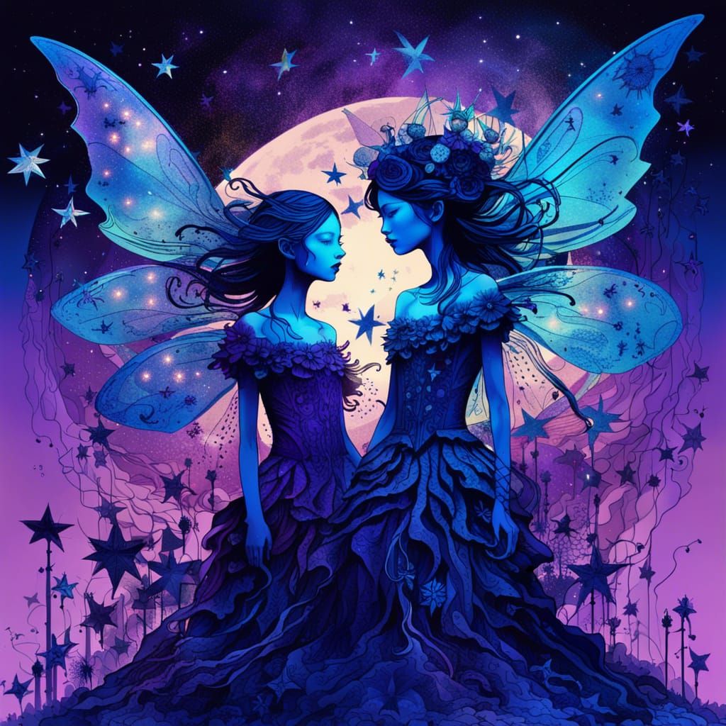 Surreal Fairies in Starry Sky, Digital Illustration