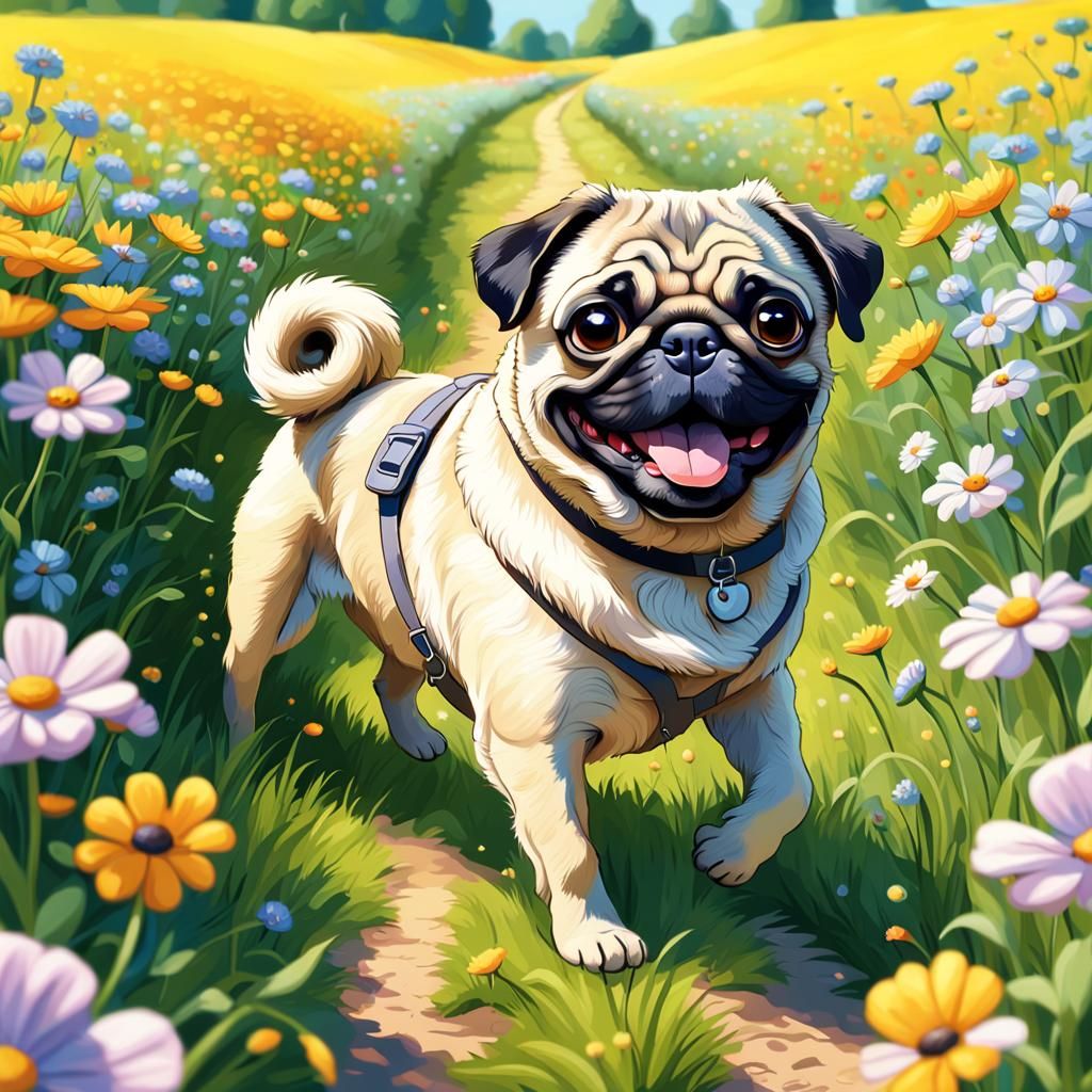 Happy Pug in Summer Flower Field: Pixar Style