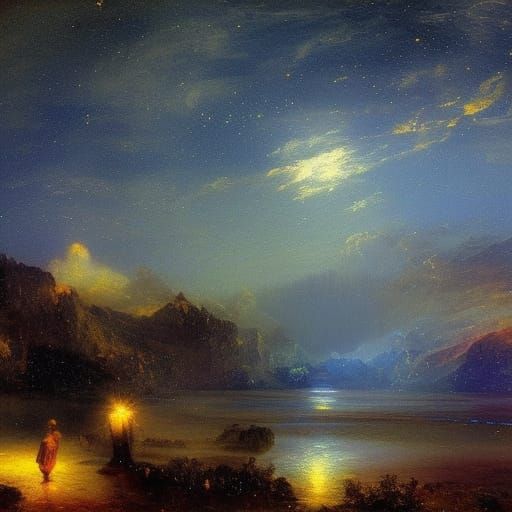 Night Sky Landscape Art in Moran Style