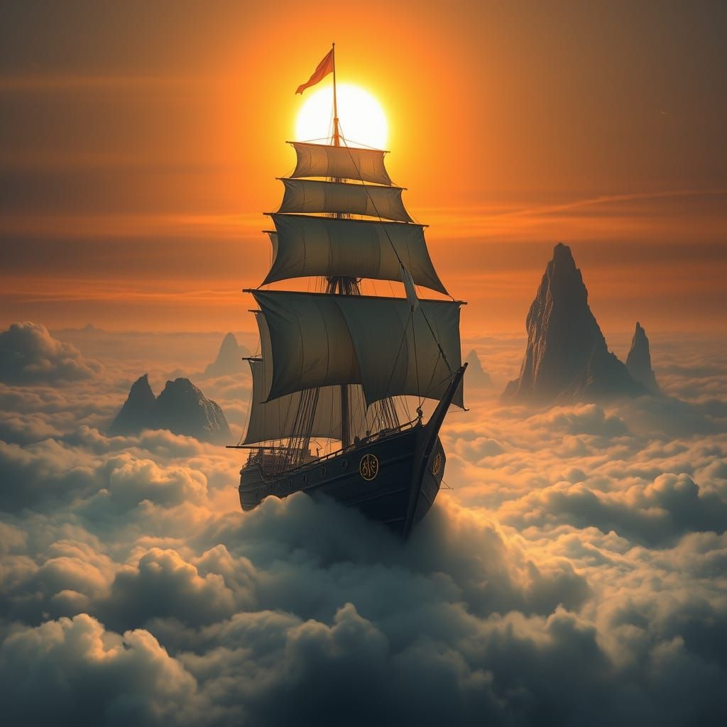 Tall Ship in Cloud Sea with Double Sunset