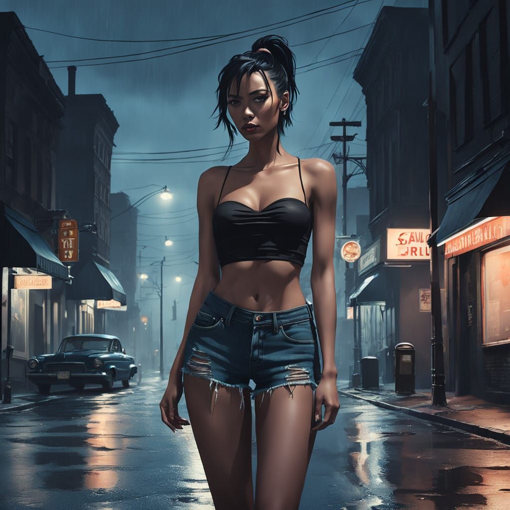 Ethereal Street Corner Enchantress in Moody Noir Style