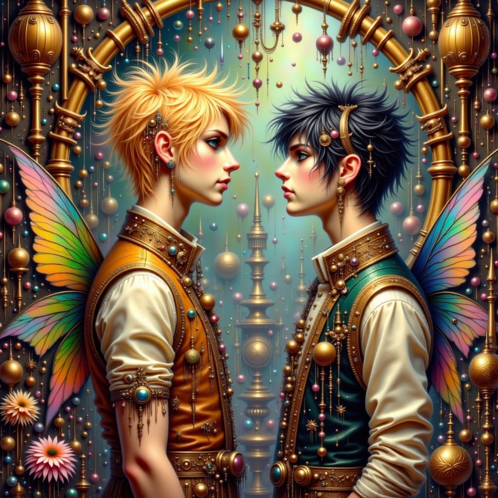 Ornate Gothic Chamber with Young Men in Art Nouveau Style