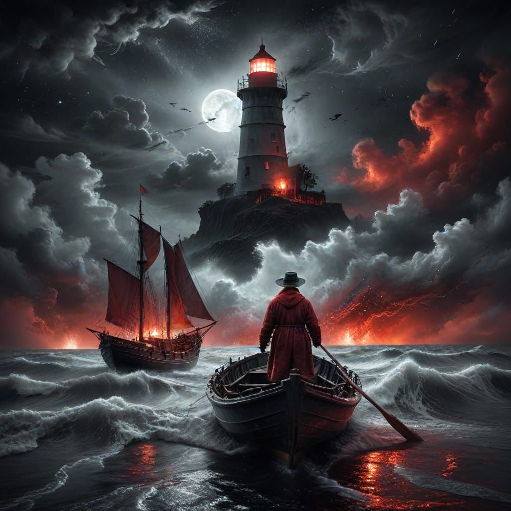 Stormy Night Fisherman Rows Towards Lighthouse in Double Exp...
