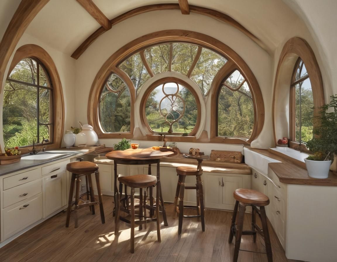 Hobbit house interior, kitchen with arched windows and wood floors, window near sink, kitchen islnd with counter and sto...