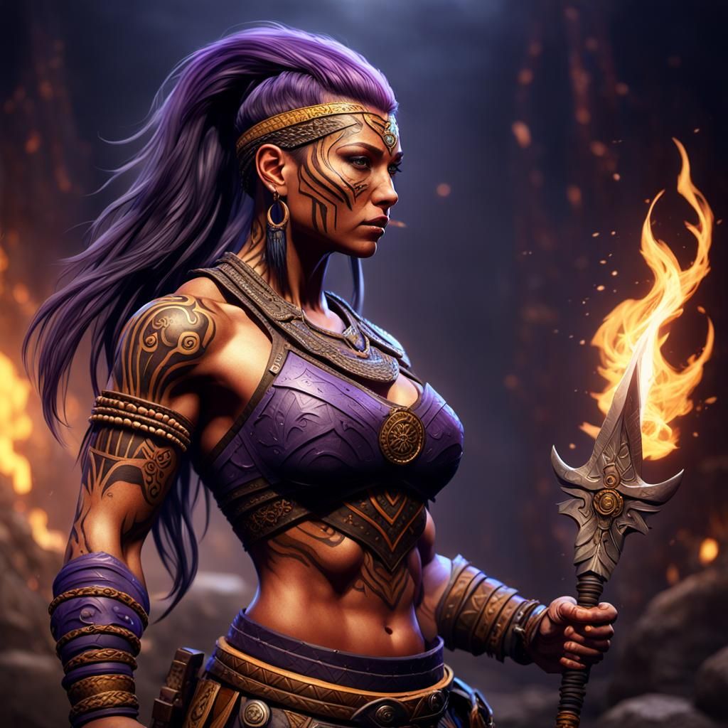 Tribal Warrior Woman Ready for Battle: Dark Fantasy Art