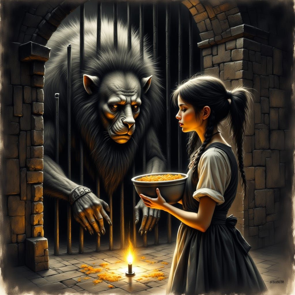 Compassionate Girl Feeds Sorrowful Beast in Castle Dungeon