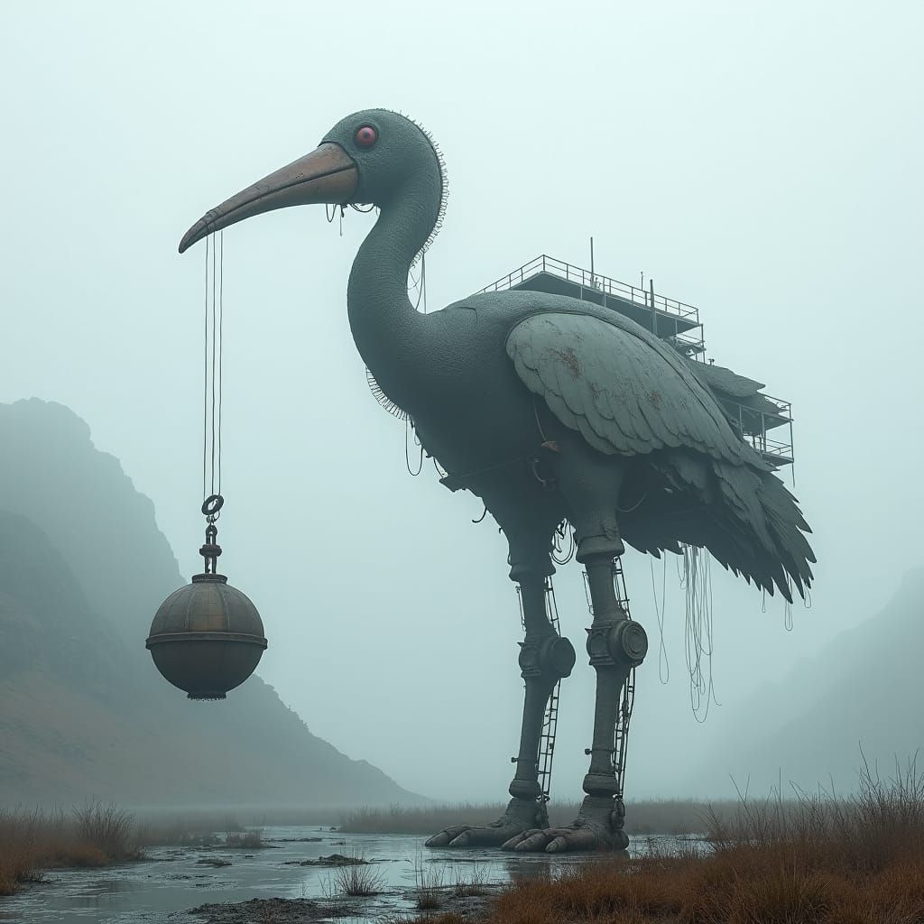 Surreal Mechanical Crane Bird in Foggy Landscape