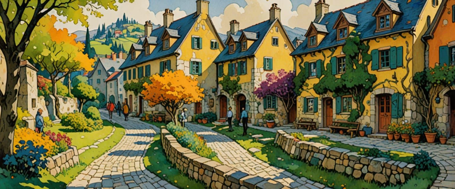 Bucolic Arts Colony in Watercolor Comic Style