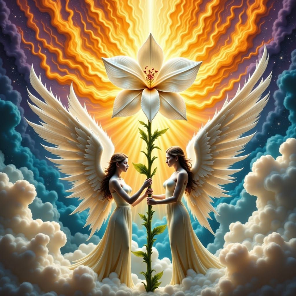 Ethereal Fire Angels Guarding Luminous Orchid in Nebula