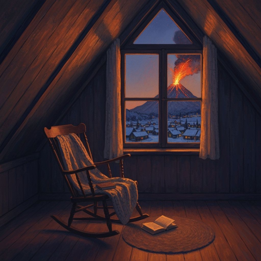 Volcano Erupts Outside Cozy Impressionist Attic Room