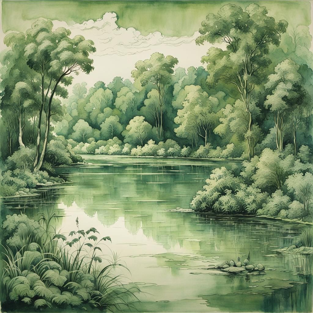 Monochromatic Green Lake in Ink and Wash Style