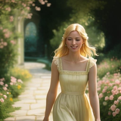 Elegant European Woman in Rose and Yellow Sundress Walking D...