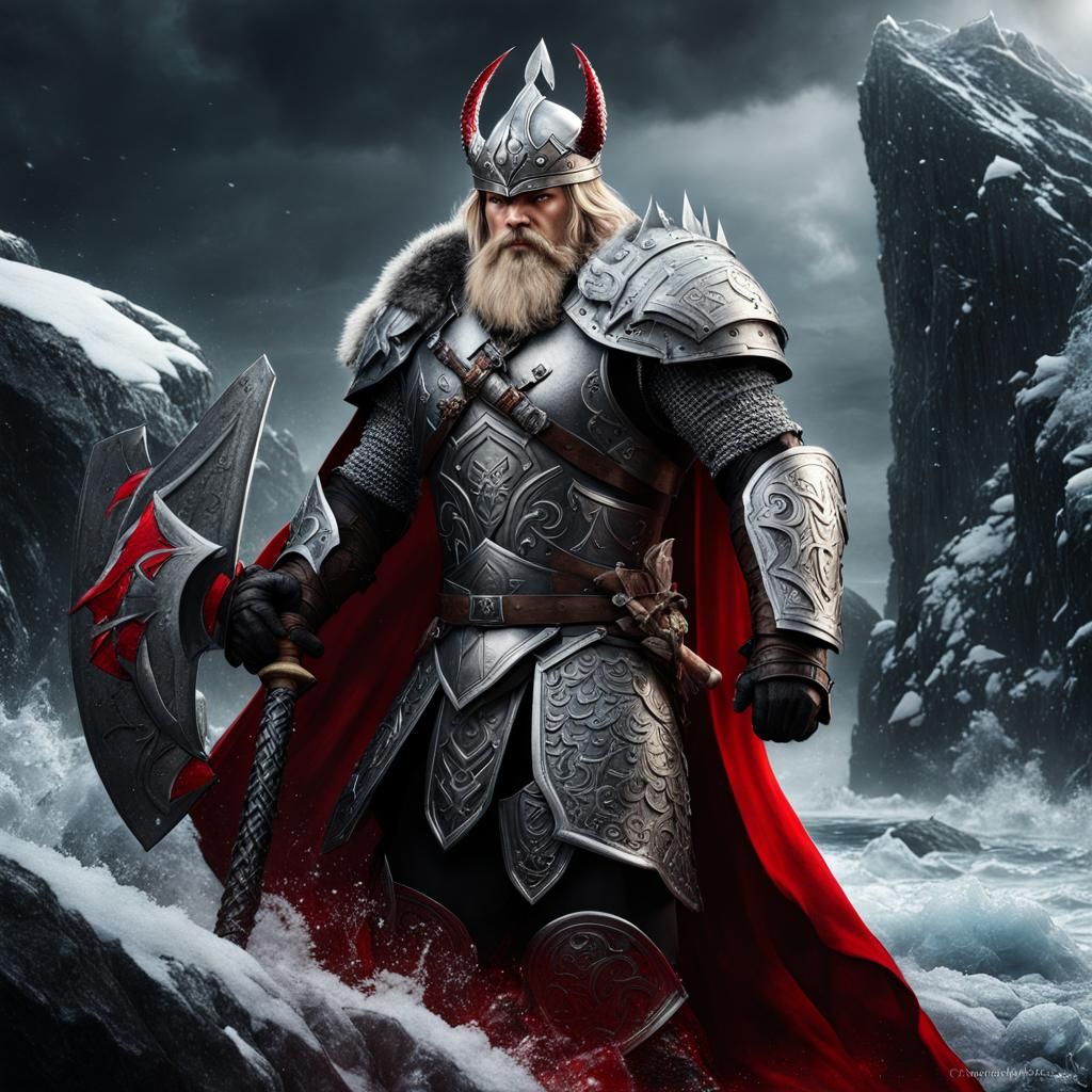 Cybernetic Viking Warrior on Cliff in Dark Style