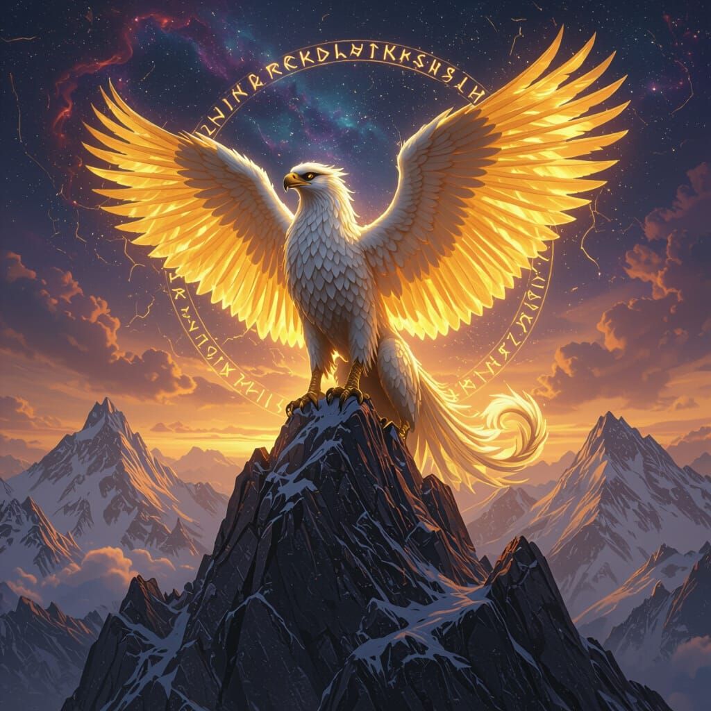 Majestic Griffin on Crystalline Peak with Nebula Sky
