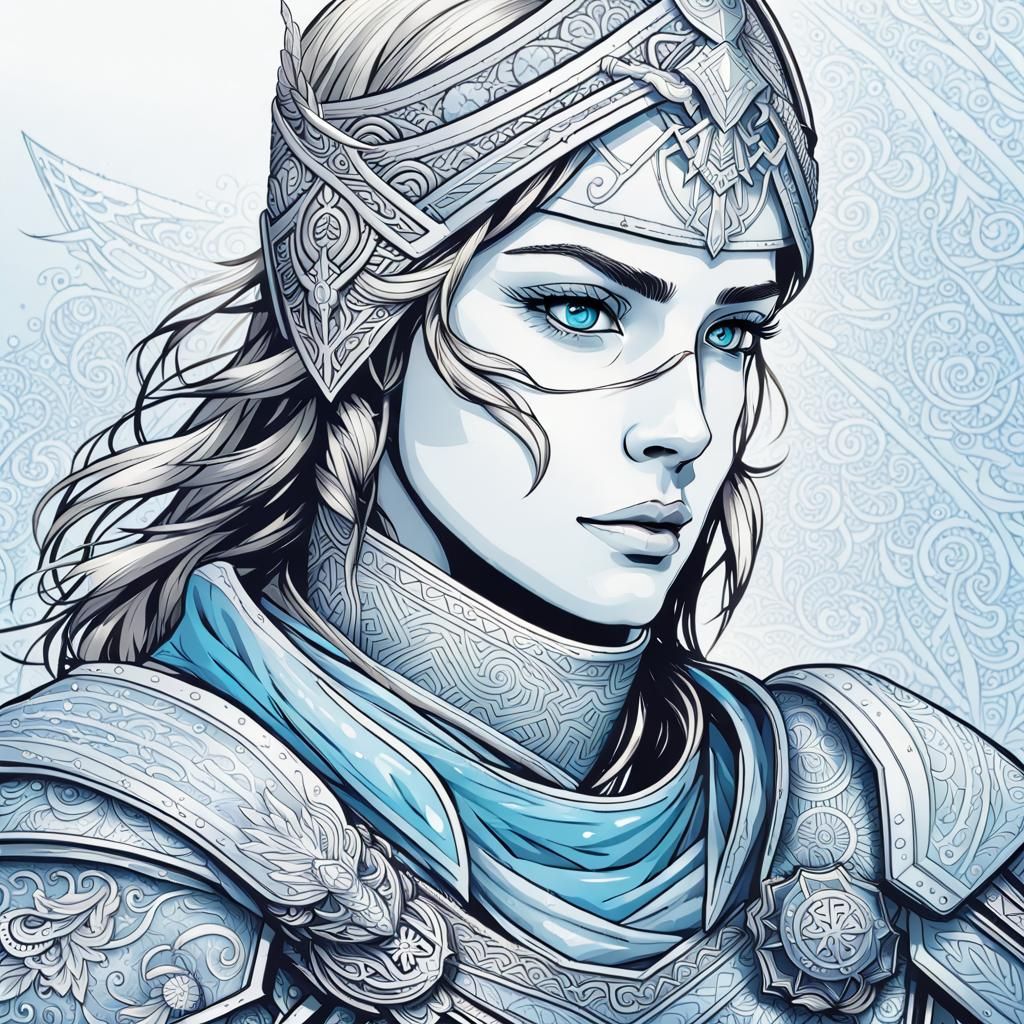 Line Art: Fearless Warrior Woman with Frost Armor