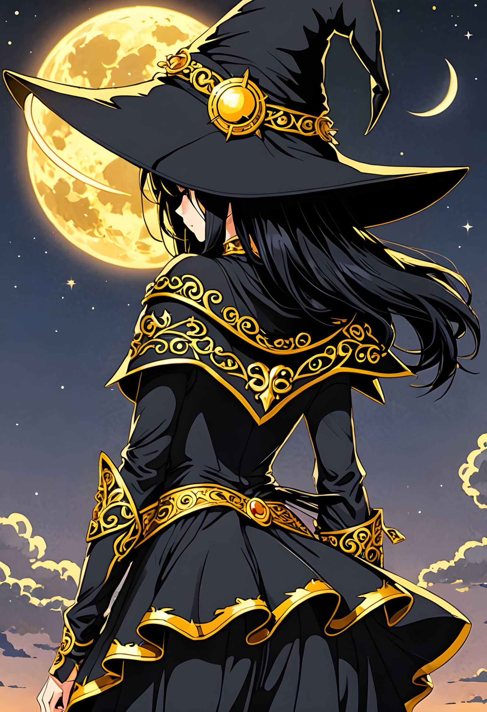 Anime Witch in Black and Gold by Crescent Moon