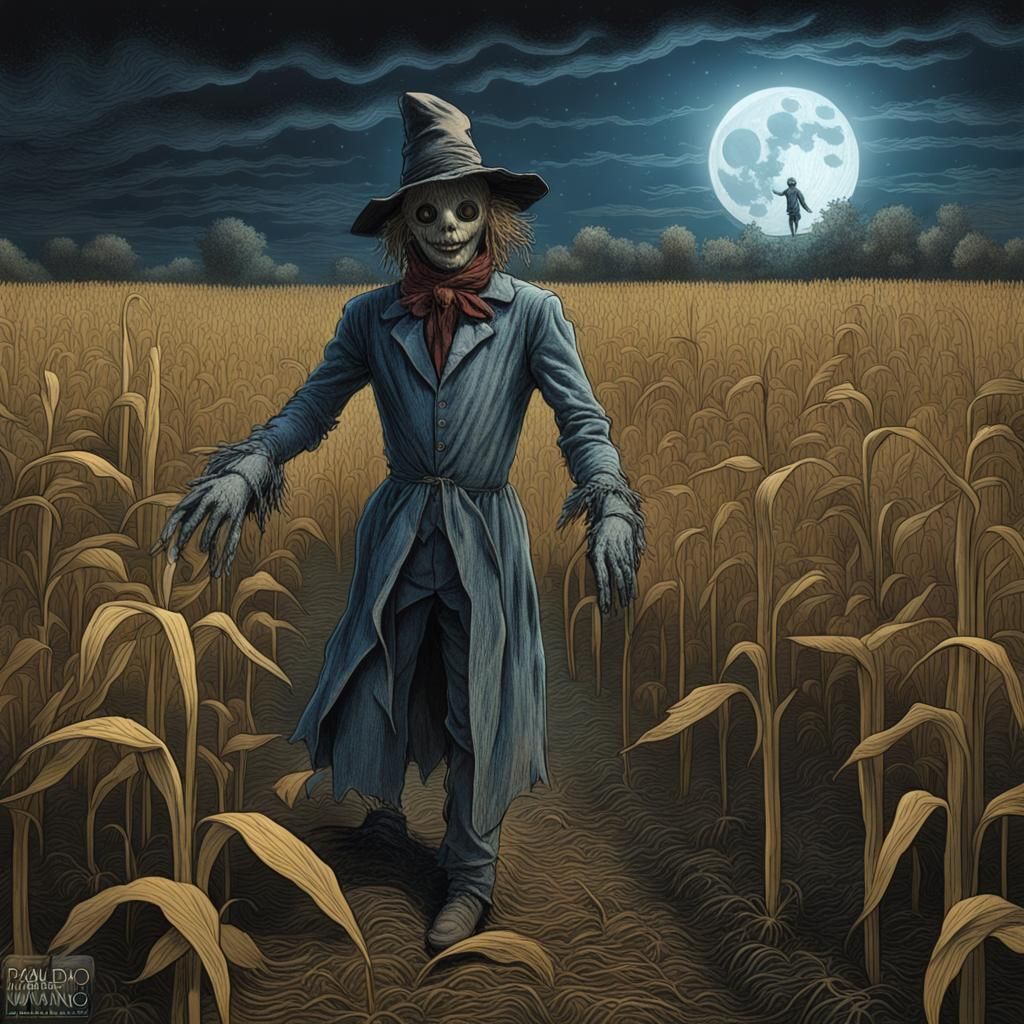 Moonlit Scarecrow in Cornfield: Cosmic Horror Illustration