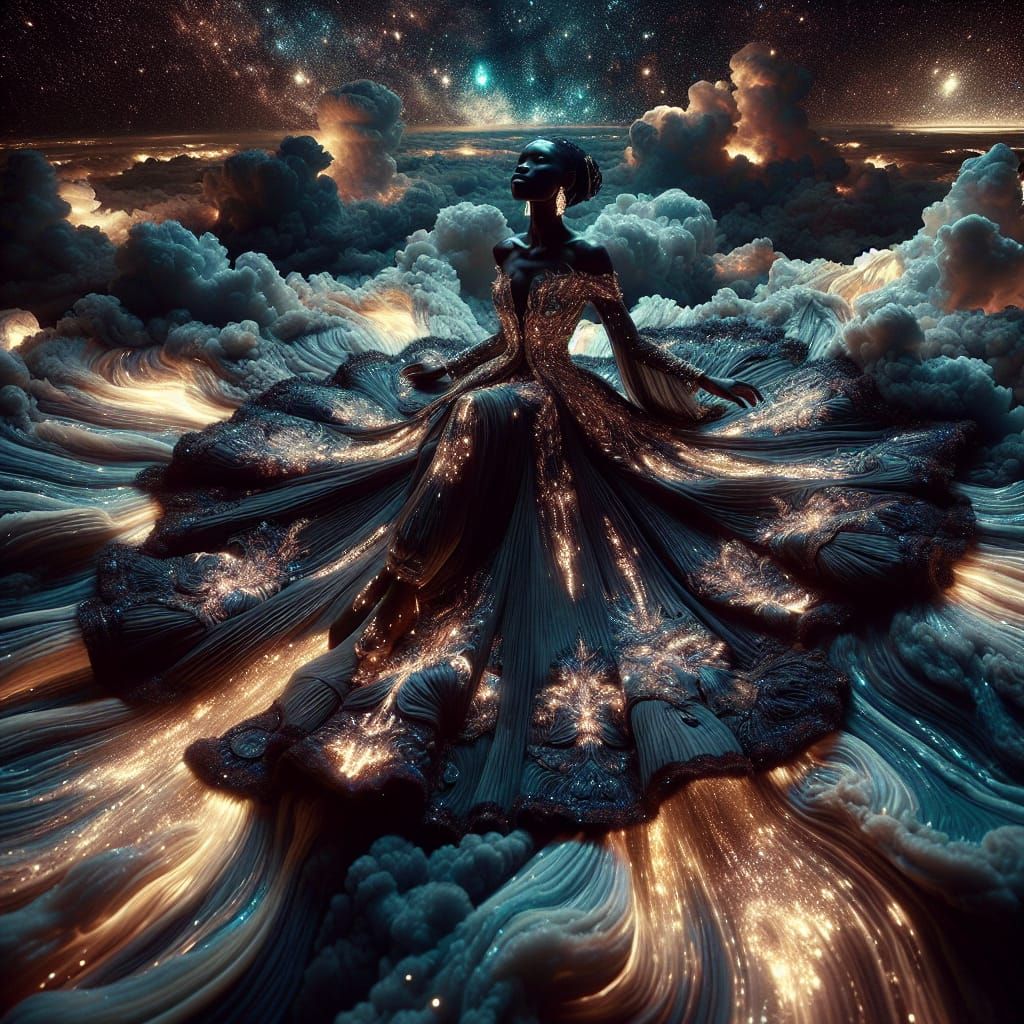 Celestial Woman in Glowing Dress Amidst Stars