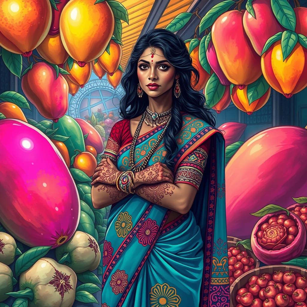 Vibrant Indian Woman in Whimsical Market Scene with Fantasti...