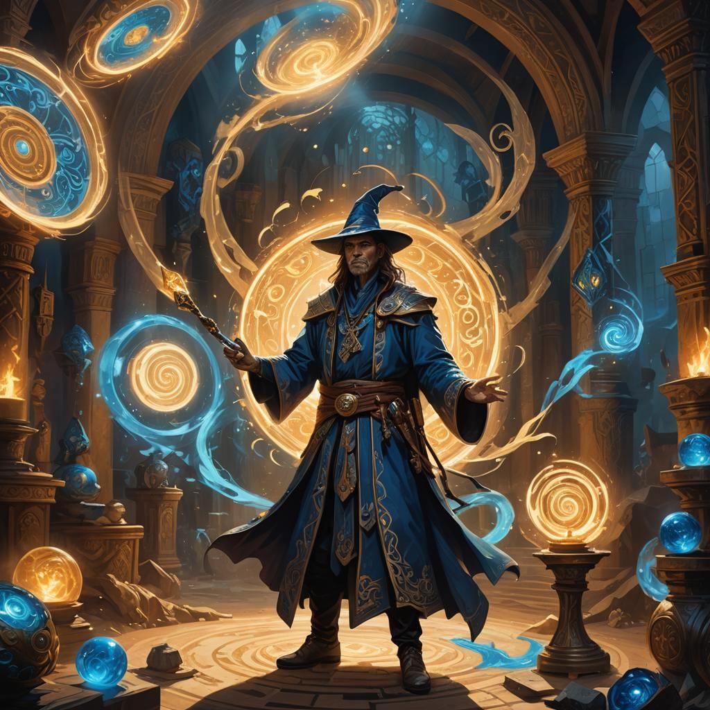 Charismatic Sorcerer Amidst Magical Energies: Fantasy Art