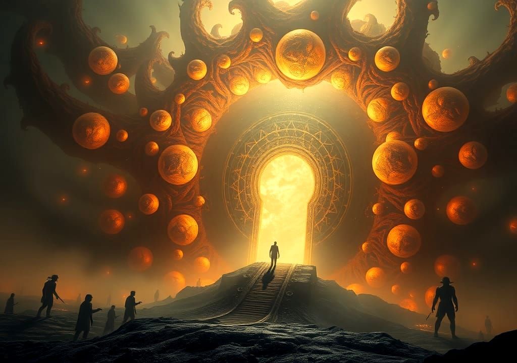 Cosmic Entity Reveals Ethereal Gateway in Dark Fantasy Art