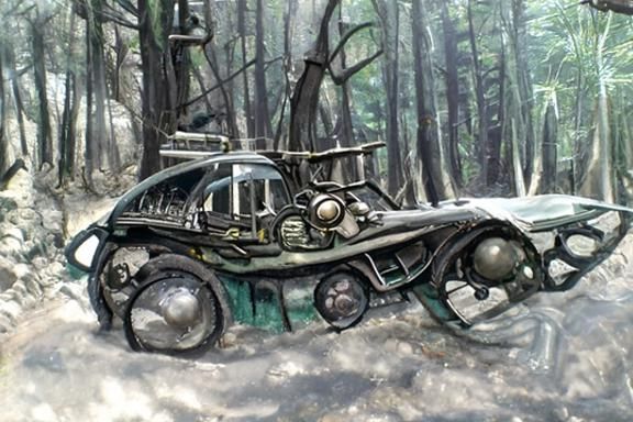 Dieselpunk Adventure Car Amidst Forest Scenery