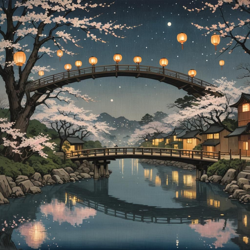 Art by Hiroshige, Hokusai, Monet, Goyo Hashiguchi, Takabatake Kasho, Hasui Kawase, J.M.W. Turner: Under a starlit sky, a...