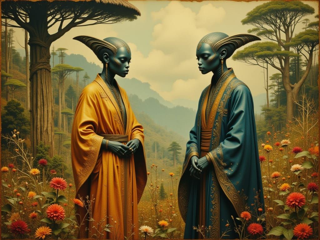 Aliens in Ornate Robes Chatting in Lush Garden