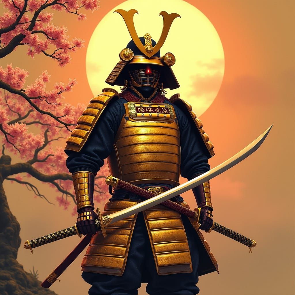 Golden Samurai in Traditional Japanese Armor