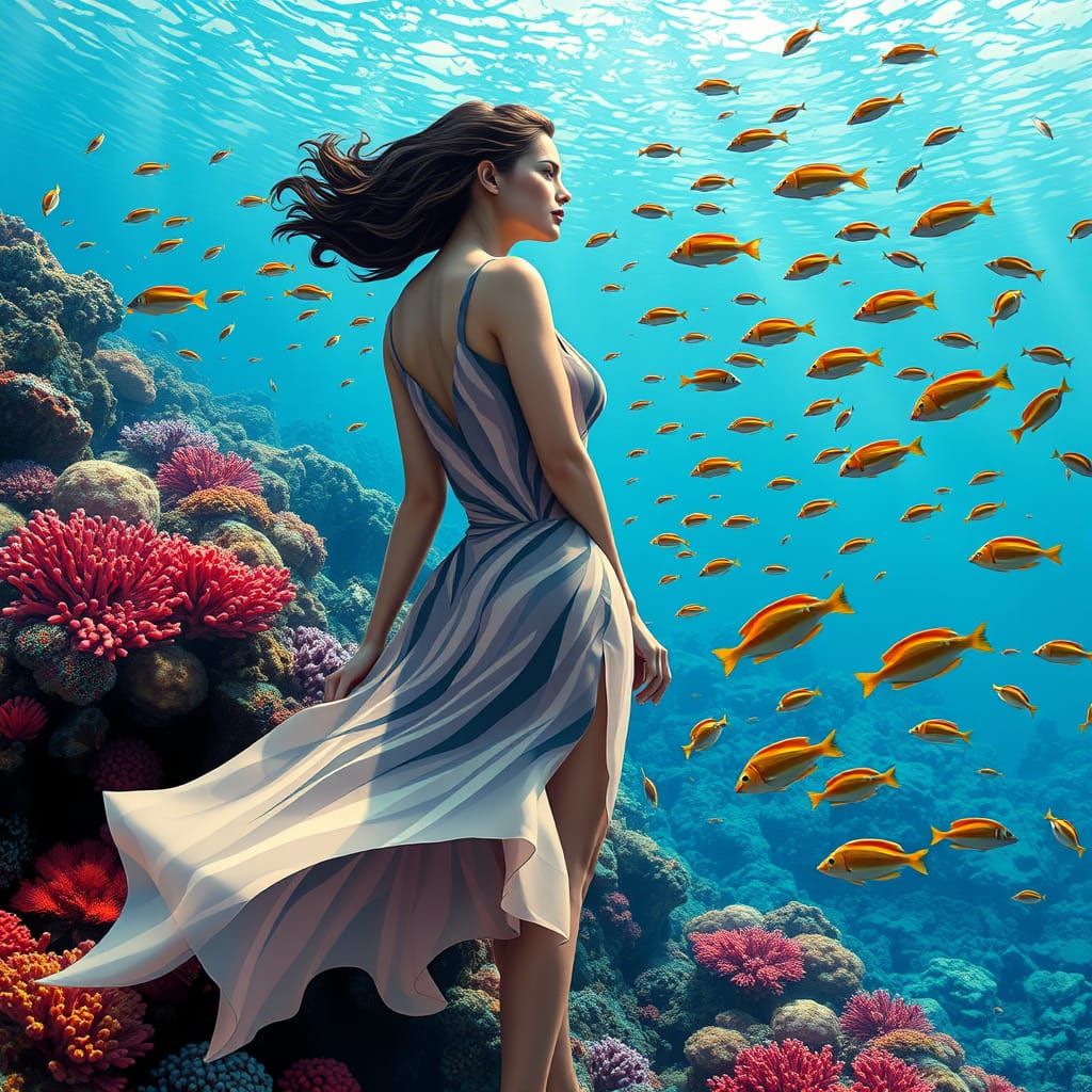 Vibrant Coral Reef Scene in Art Deco Style