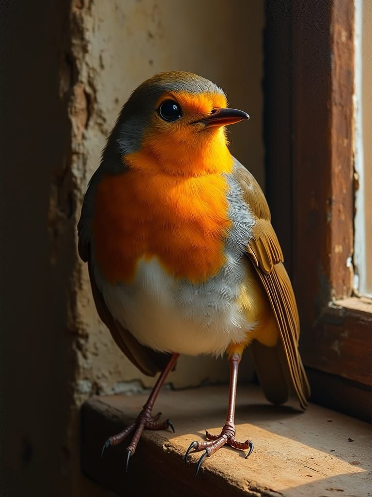 Cheerful Robin in Baroque Attire Singing on a Windowsill