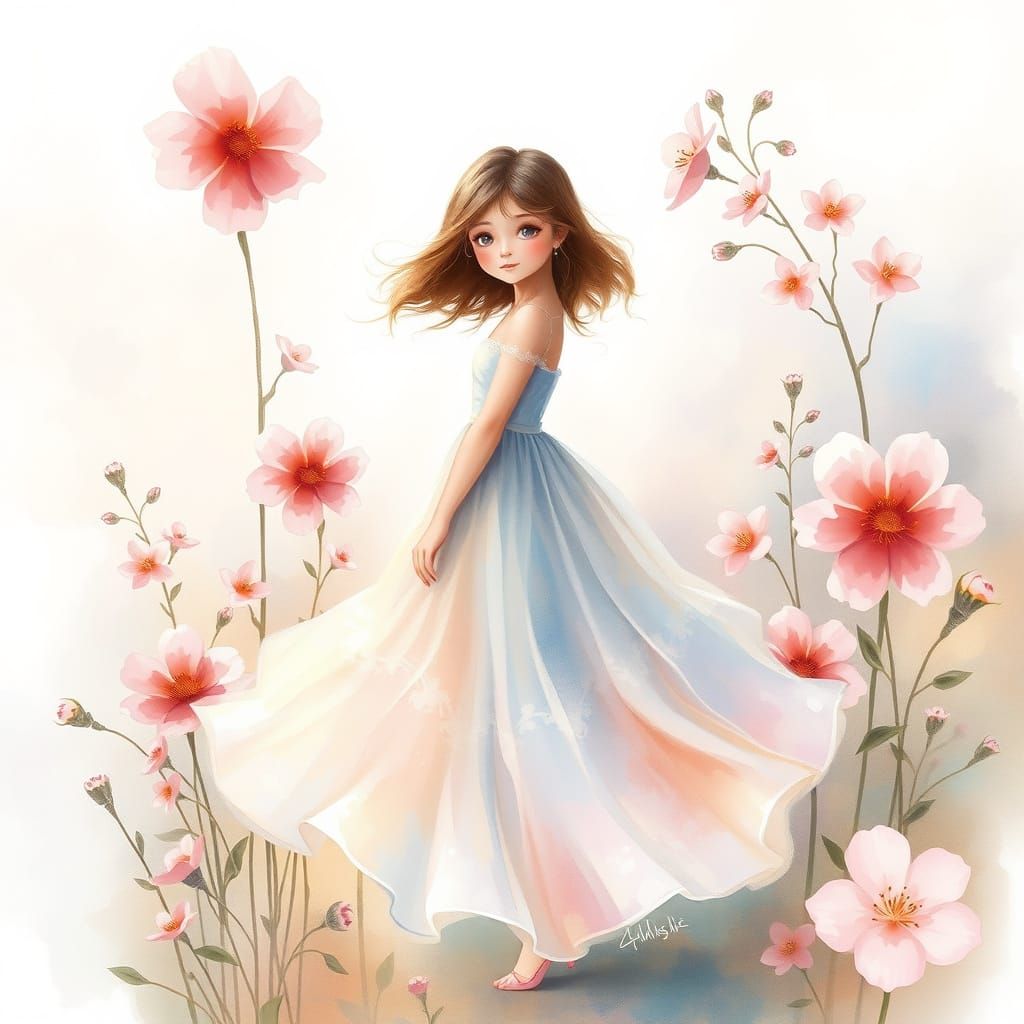 Ethereal Girl Surrounded by Pastel Flowers