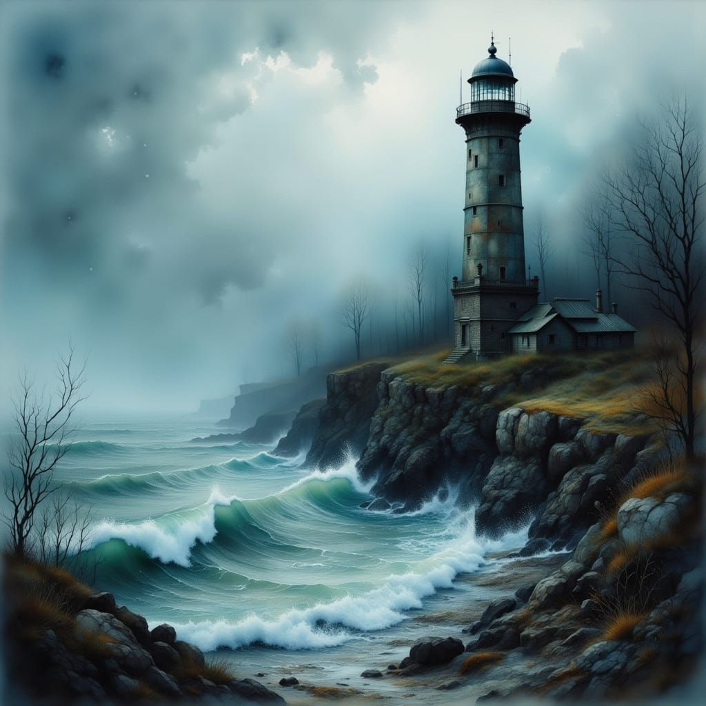 Fog-Shrouded Lighthouse in Antique Watercolor Style