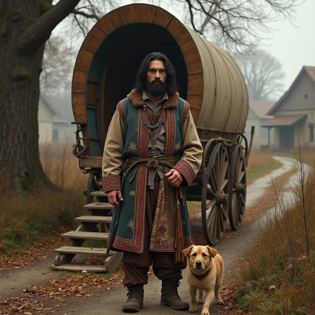 Eastern European Man in Gypsy Attire with Wagon and Dog