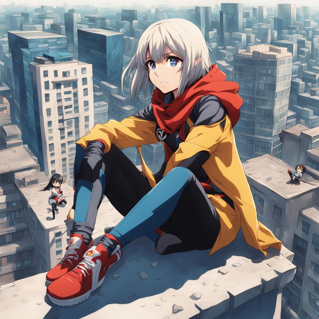 Anime Superheroine on Building Ledge