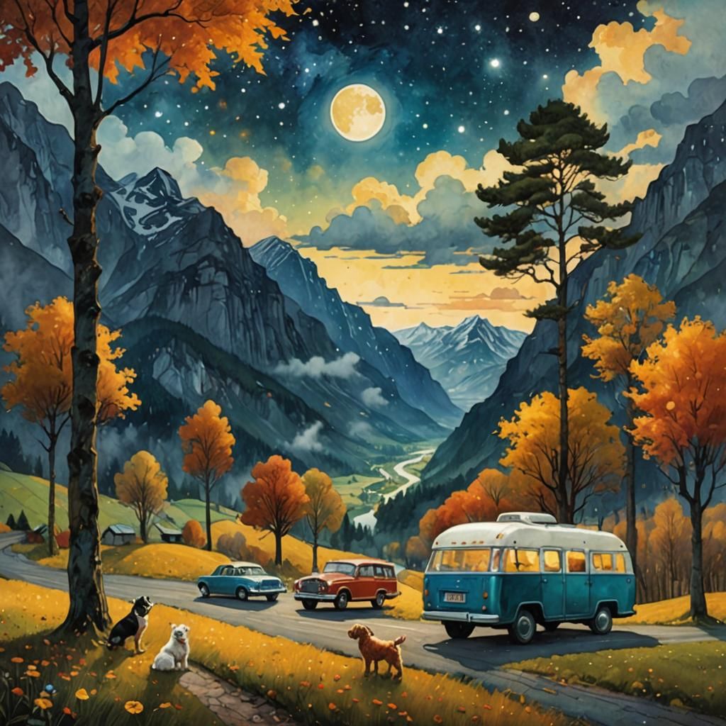 RV Family Road Trip in Watercolor Double Exposure